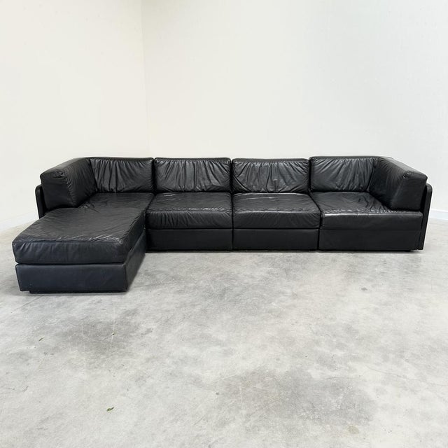Modular Lounge Set in Black Leather, 1970s, Set of 5 For Sale - Image 4 of 11