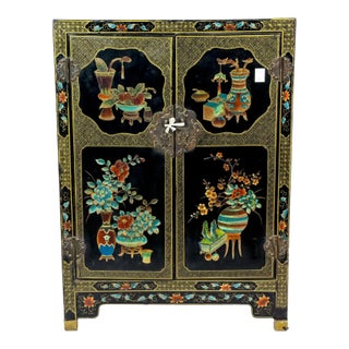 Vintage Black Lacquer Chinoiserie Cabinet / Bar Cabinet W/ Hand-Painted Floral Panels & Brass Hardware For Sale