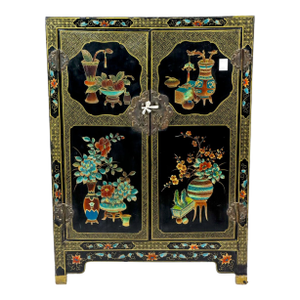 Vintage Black Lacquer Chinoiserie Cabinet / Bar Cabinet W/ Hand-Painted Floral Panels & Brass Hardware
