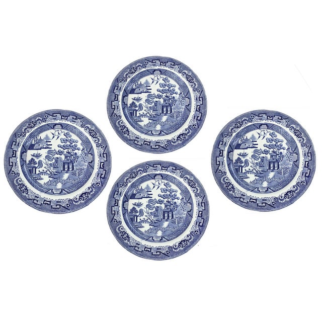 English Vintage Set of 4 Pearl Stoneware Blue & White Transfer Plates by Podmore & Walker and Co. For Sale - Image 3 of 7