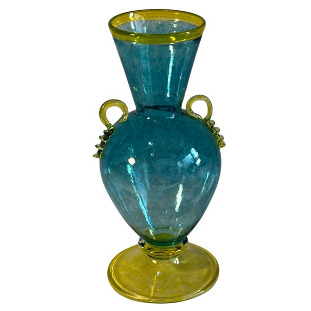 Contemporary Art Glass Aqua Yellow Handled Amphora Vase For Sale - Image 3 of 14
