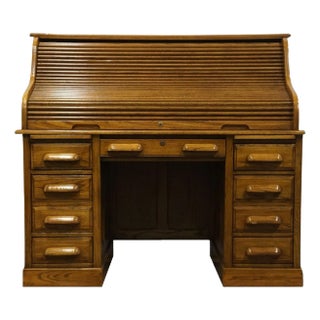 National / Mt. Airy Solid Oak Early American Country Style 53" Roll Top Desk For Sale
