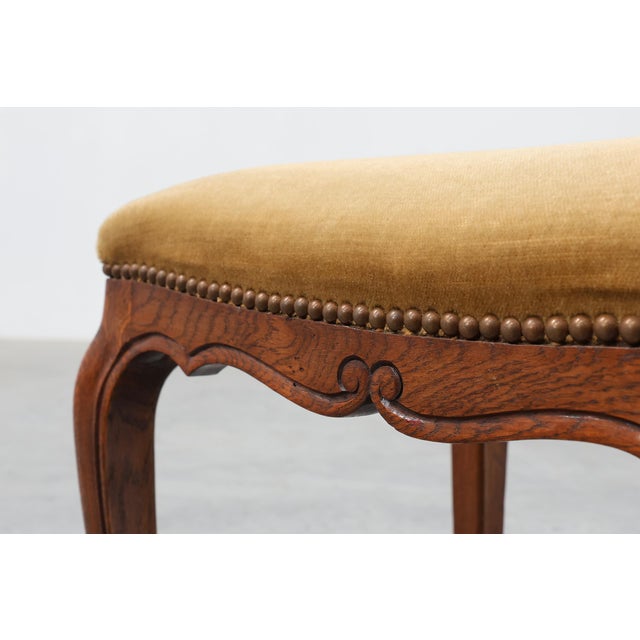 Brown Louis XV Style Walnut Stool with Cabriole Legs and Velvet Seat, France, 1950s For Sale - Image 8 of 12