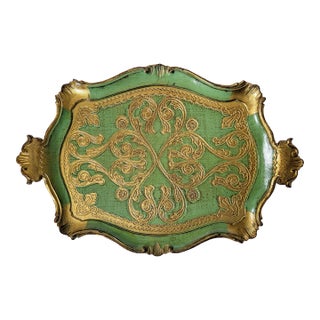 1950s Italian Florentine Green & Gold Gilt Rectangular Tray For Sale