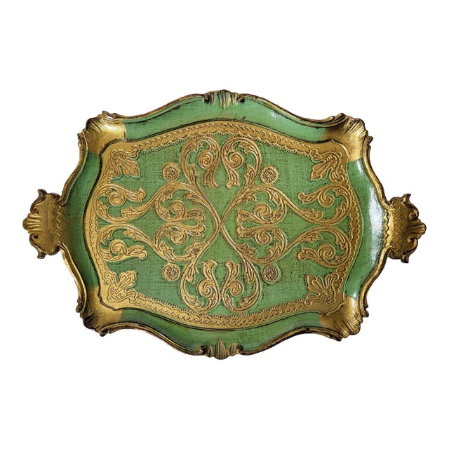 1950s Italian Florentine Green & Gold Gilt Rectangular Tray For Sale