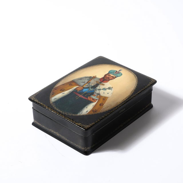 Hand-Painted Russian Box of Tsar Nicholas II With Vermillion Red Interior For Sale - Image 10 of 13