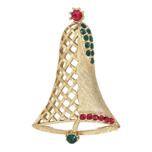 Vintage Rhinestone Christmas Bell Brooch For Sale