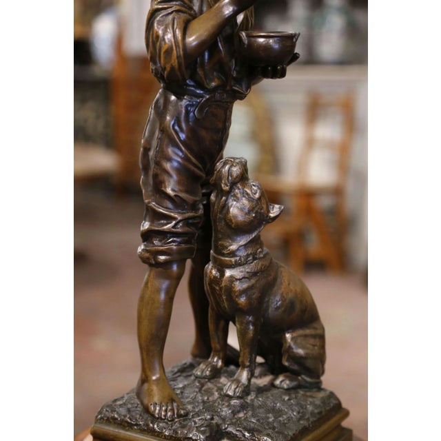 Bronze Early 20th C. Belgian Patinated Spelter Sculpture of Boy Feeding Dog by Rousseau For Sale - Image 8 of 12