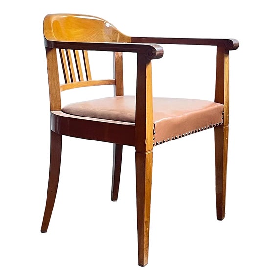 Swiss Art Deco Armchair with Brown Leather Seat, 1930s For Sale
