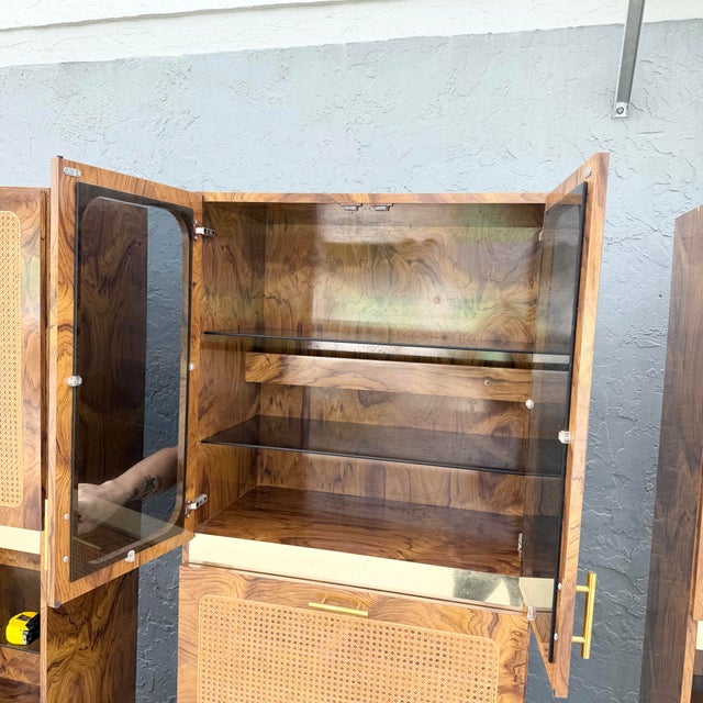 Mid Century Modern Burlwood Laminate and Cane Etageres/Wall Unit - Three Pieces For Sale In West Palm - Image 6 of 12