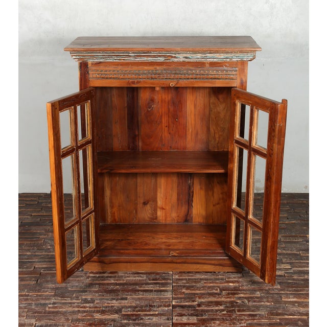 Solid Reclaimed Teak Wood Cabinet With Glass-Fronted Doors & Decorative Moldings For Sale - Image 4 of 8