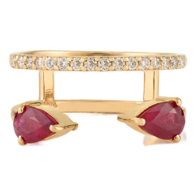 VRJewels Designer Open Ruby Split Band Ring With Diamonds in 14k Yellow Gold Size 6 For Sale