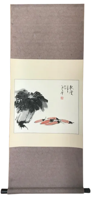 Vintage Chinese Scroll Painting of Shrimp & Bokchoy