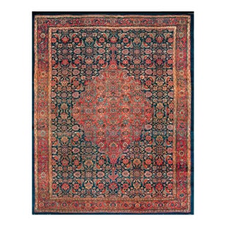 1930s Navy Blue Medallion Antique Bibikabad Rug 9' 3'' X 11' 3'' Wool Knotted Pile Carpet For Sale