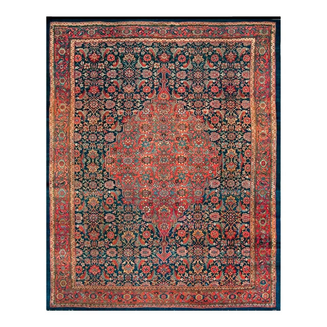 1930s Navy Blue Medallion Antique Bibikabad Rug 9' 3'' X 11' 3'' Wool Knotted Pile Carpet For Sale