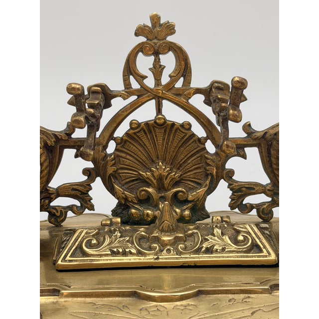 Late 20th Century Vintage Ornate Baroque Revival Cast Brass Double Inkwell Desk Set With Porcelain Liners For Sale - Image 5 of 17