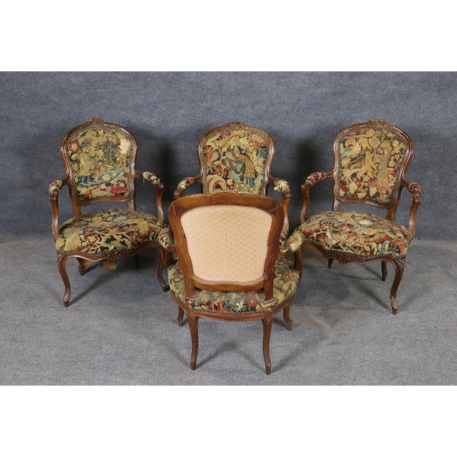 French Set 4 Antique Fantastic Louis XV Style Needle Point Side Chairs For Sale - Image 3 of 16