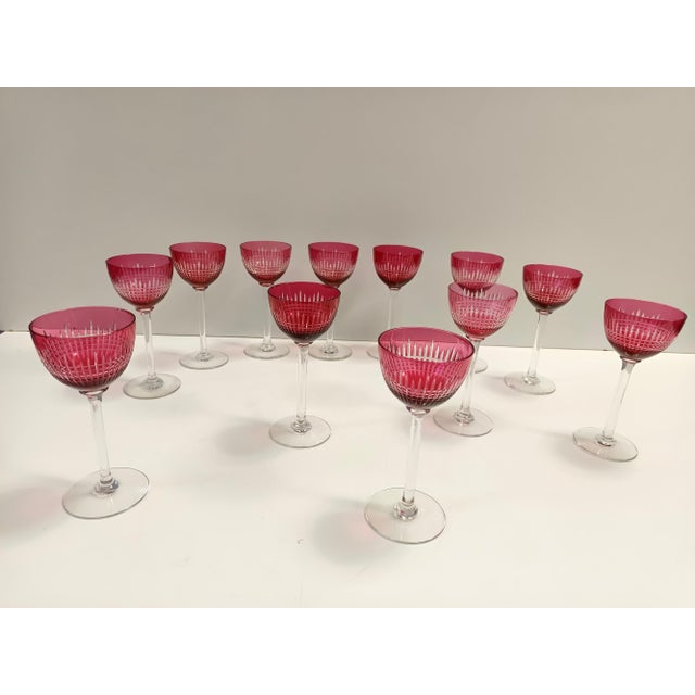 Glass Crimson Crystal Drinking Glasses attributed to Val Saint Lambert, 1960s, Set of 12 For Sale - Image 7 of 11