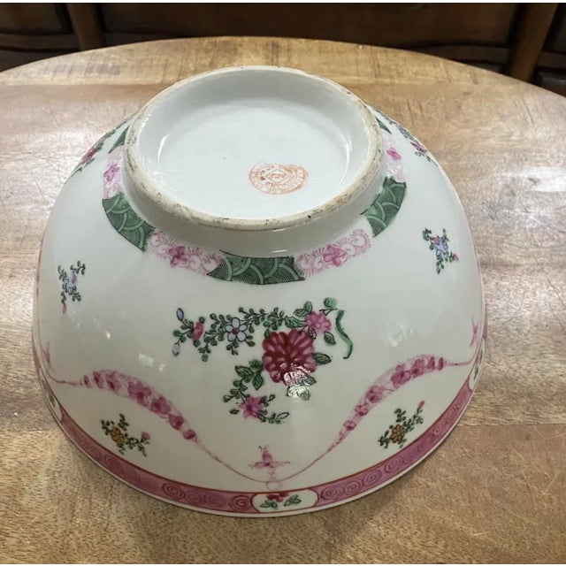 Shabby Chic Late 20th Century Japanese Porcelainware Pink and Green Ribbon Style Floral Swag Centerpiece Bowl For Sale - Image 3 of 7