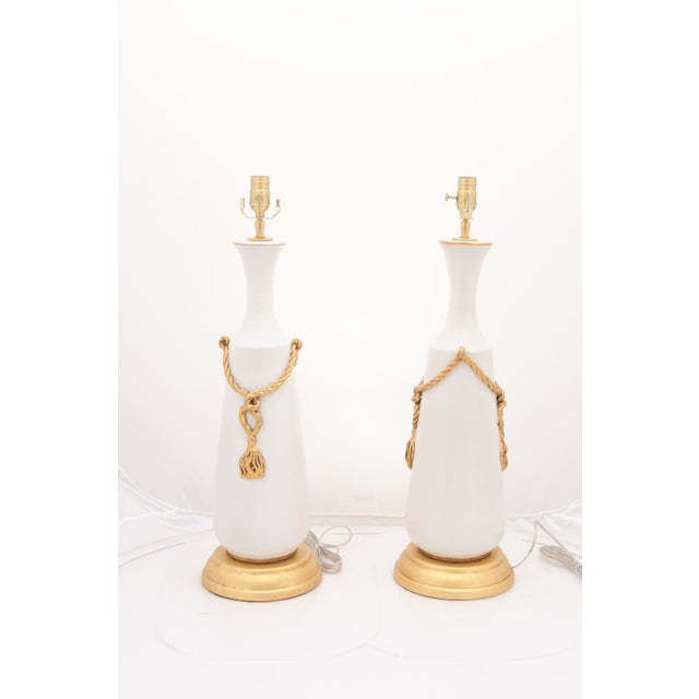 Pair of Large Signed Italian Marbro Ceramic + Gilt Tassel Lamps, 1960s For Sale - Image 11 of 12