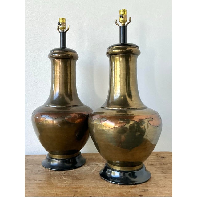 Late 20th Century Vintage Boho Monumental Brass and Copper Lamps - A Pair For Sale - Image 5 of 10