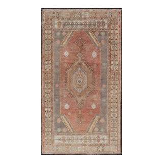 Vintage Turkish Oushak Rug With Terracotta Field and Geometric Medallion 4'9 X 9'0 For Sale