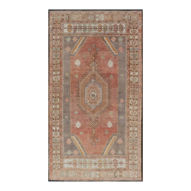 Vintage Turkish Oushak Rug With Terracotta Field and Geometric Medallion 4'9 X 9'0 For Sale