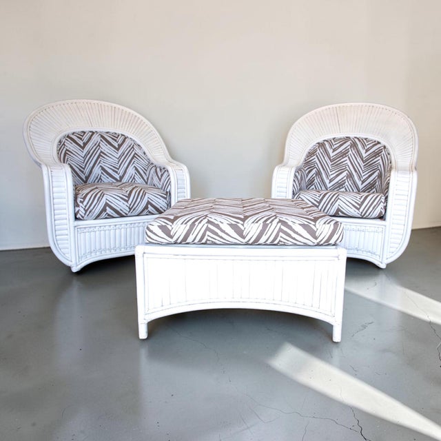 Ficks Reed Large Split Rattan Fan Back Club Chairs and Ottoman, Ficks Reed Attributed For Sale - Image 4 of 10