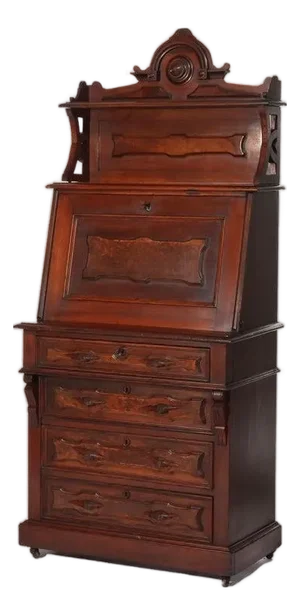 Antique Renaissance Revival Walnut & Burl Four-Drawer Drop Front Secretary C1880
