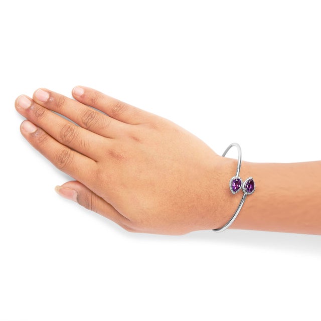 Early 21st Century .925 Sterling Silver 8 x 5.5mm Pear Shape Amethyst and Diamond Accent Halo Bypass Bangle Bracelet (H-I Color, SI1-SI2 Clarity) - Fits up to 7" Inches For Sale - Image 5 of 6