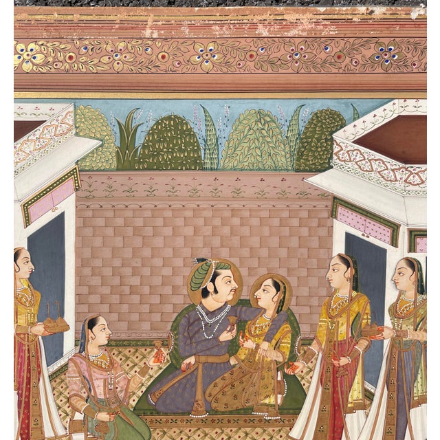 Antique Mughal court scene with attendants, gouache and gilt paints on heavy paper; figures with painted border. Unsigned....