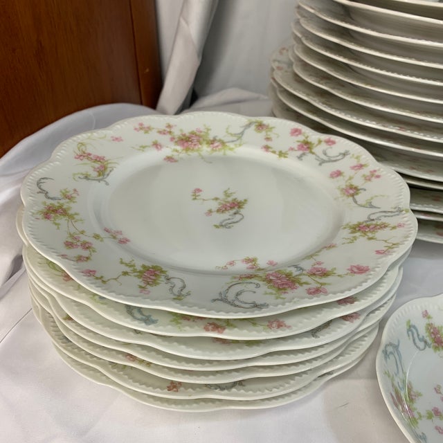 White Antique French Haviland Limoges “Princess” Pink Flowers Blue Ribbons Dinnerware Set With Tea Cups - Service for 8 - 48 Pieces For Sale - Image 8 of 12