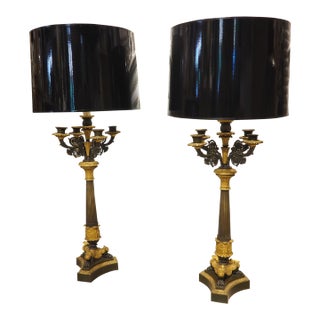 Pair of French Charles X Patinated Bronze Candelabra Lamps, Circa 1830s For Sale