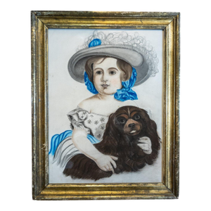 19th Century American Folk Art Pastel Portrait of a Young Girl and Her Dog