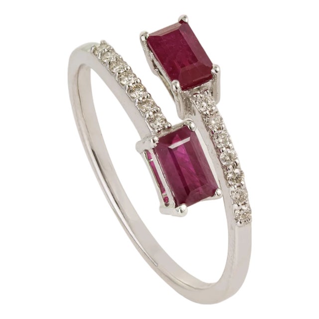 Contemporary 14k White Gold Ruby & Diamond Open Bypass Ring Size 6.5 For Sale