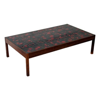 Rectangular Black and Red Ceramic Tile Top Coffee Table Rosewood Mid-Century Modern 1970s For Sale