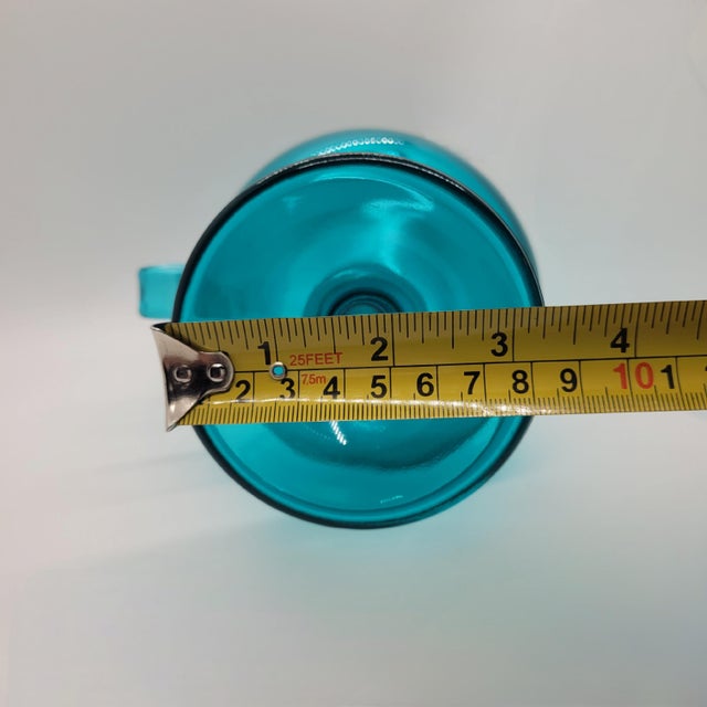 Vintage Le Smith MCM Aqua Glass Pitcher Candleholder Vase Simplicity Design For Sale - Image 9 of 10