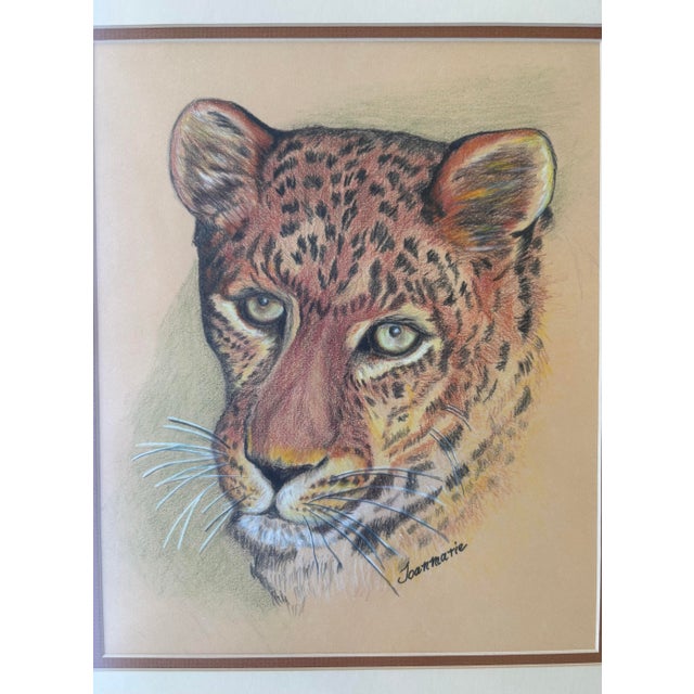 Hollywood Regency Vintage Signed Pastel Leopard Portrait – Framed Wildlife Big Cat Art by Joanmarie For Sale - Image 3 of 6
