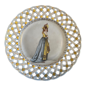 Antique French Victorian Hand Painted Gilt Decorated Portrait Plate Lady Red