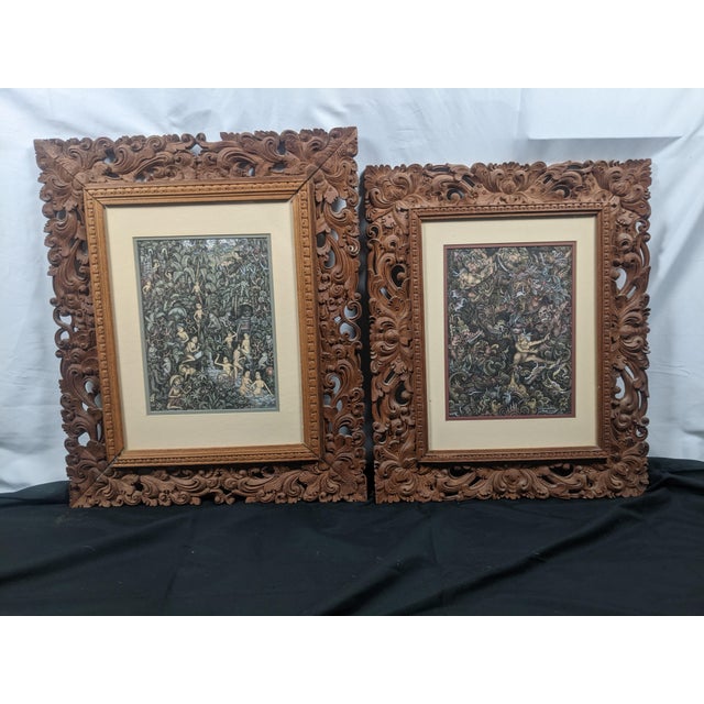 Late 20th Century Pair of Balinese Batuan-Style Narrative Paintings in Hand-Carved Wood Frames For Sale - Image 14 of 16
