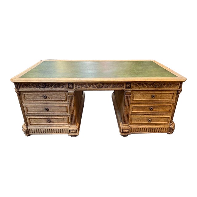19th Century Carved and Bleached Library Desk With Leather Top For Sale