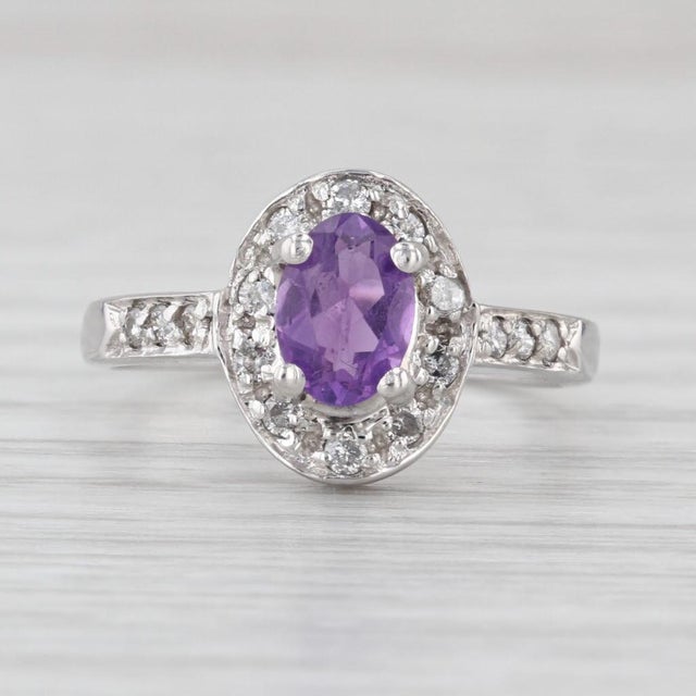 Silver 0.84ctw Oval Amethyst Diamond Halo Ring 14k White Gold Size 6.5 For Sale - Image 8 of 8