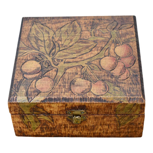 Vintage Pyrography Carved Lidded Box W/Leaves & Fruit For Sale