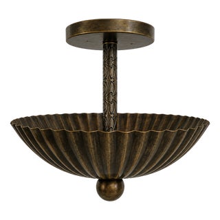 Vintage Brass Shell Pendant Chandelier, Handmade Scalloped Brass Ceiling Light, Mid Century Modern Semi Flush Mount, Art Deco Brass Fixture For Sale