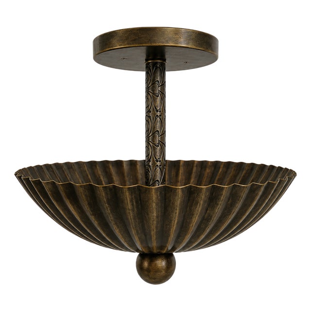 Vintage Brass Shell Pendant Chandelier, Handmade Scalloped Brass Ceiling Light, Mid Century Modern Semi Flush Mount, Art Deco Brass Fixture For Sale