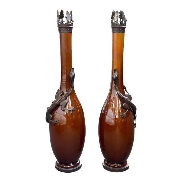 Pair of Late 20th Century Iron-Mounted Glazed Earthenware Vases For Sale