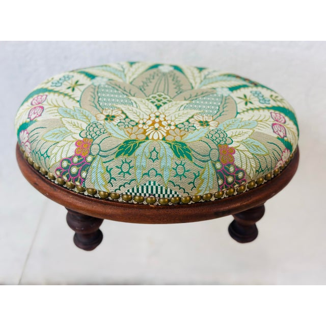 French Antique Footstool Reupholstered in Designer Fabric For Sale - Image 3 of 8