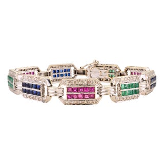 3.2 CTW Emerald Ruby Sapphire & 2.1 CTW Diamond Statement Bracelet in 18k Gold- 7.5 Inch For Sale