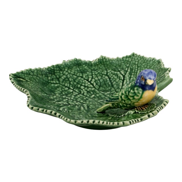Bordallo Pinheiro Leaves Ragwort Leaf Dish with Blue Bird For Sale