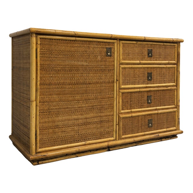 Vintage Rattan and Bamboo Low Sideboard, Italy, 1970 For Sale